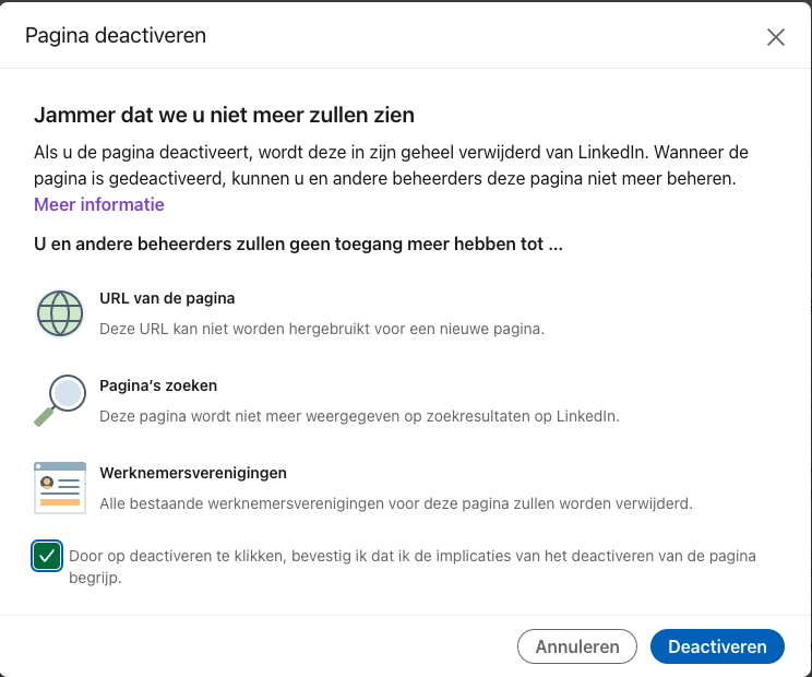 Confirm deactivation linkedin page