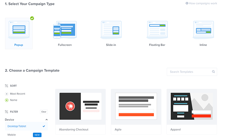 Choosing campaign type and template