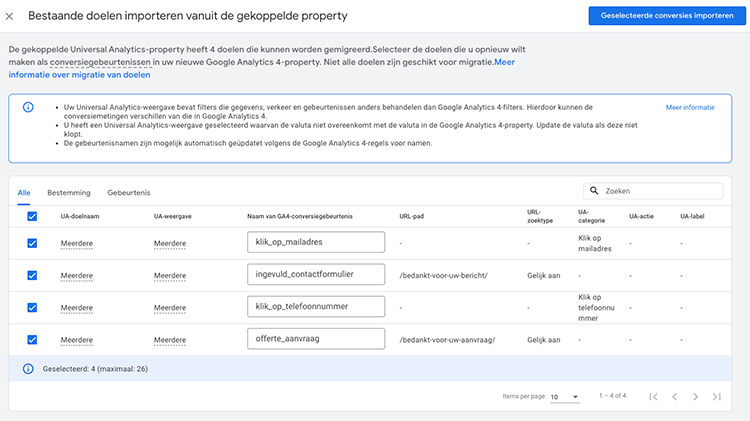 import selected conversions ga4