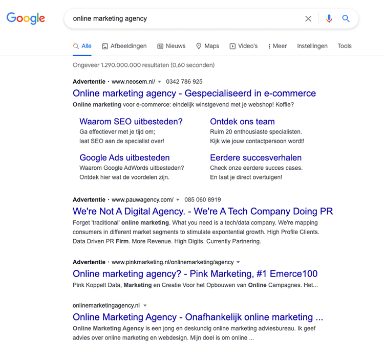 google ads above organic search results