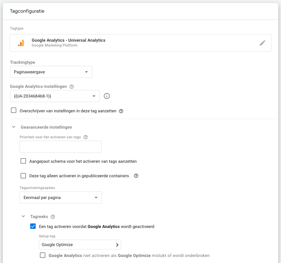 Google Optimize tag pairing with Google Analytics tag