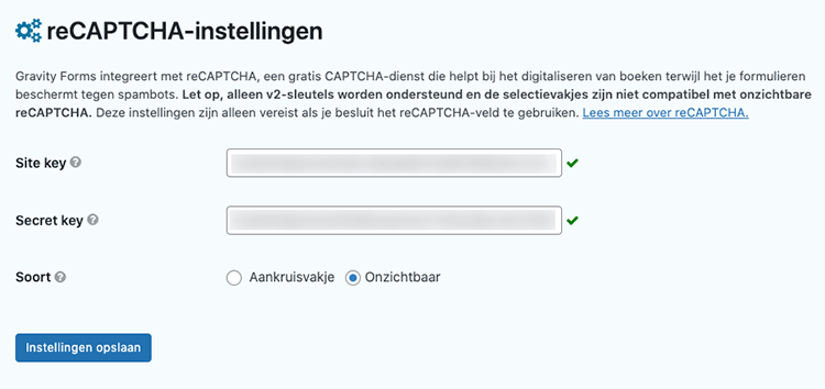 Gravity forms recaptcha settings