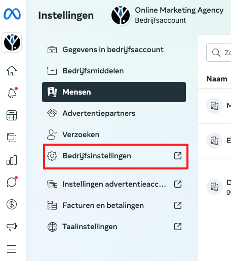 Online-Marketing-Agency-Bedrijfsaccount-instellingen