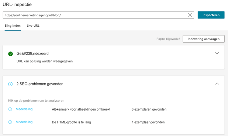 URL inspection Bing Webmaster tools