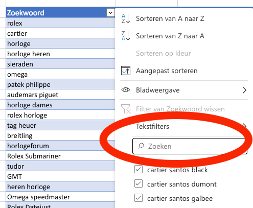 Keyword analysis Excel table filtering